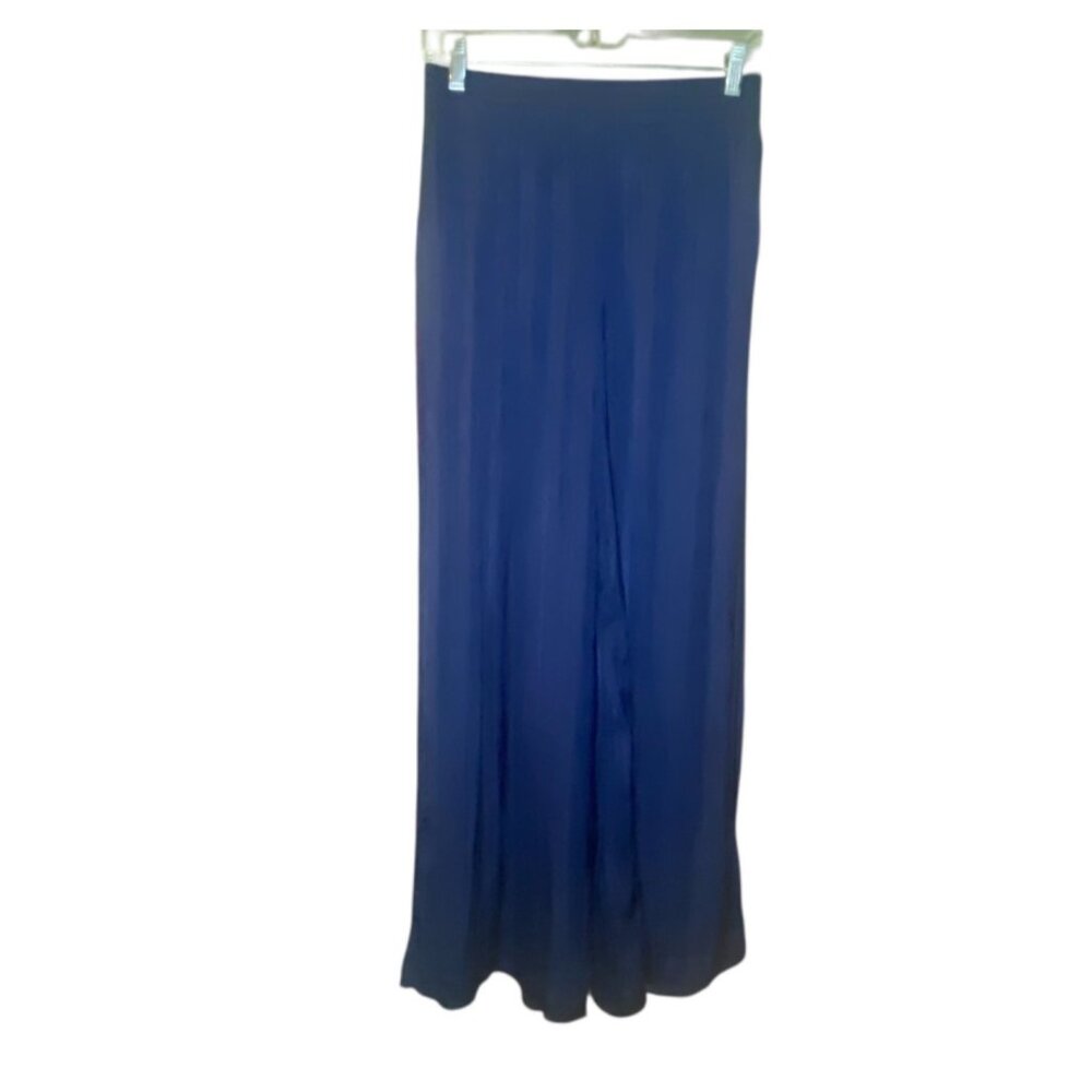 Flowy Dark Blue Wide-Leg Pants Elastic Waistband Side Pockets Lightweight‎ Soft